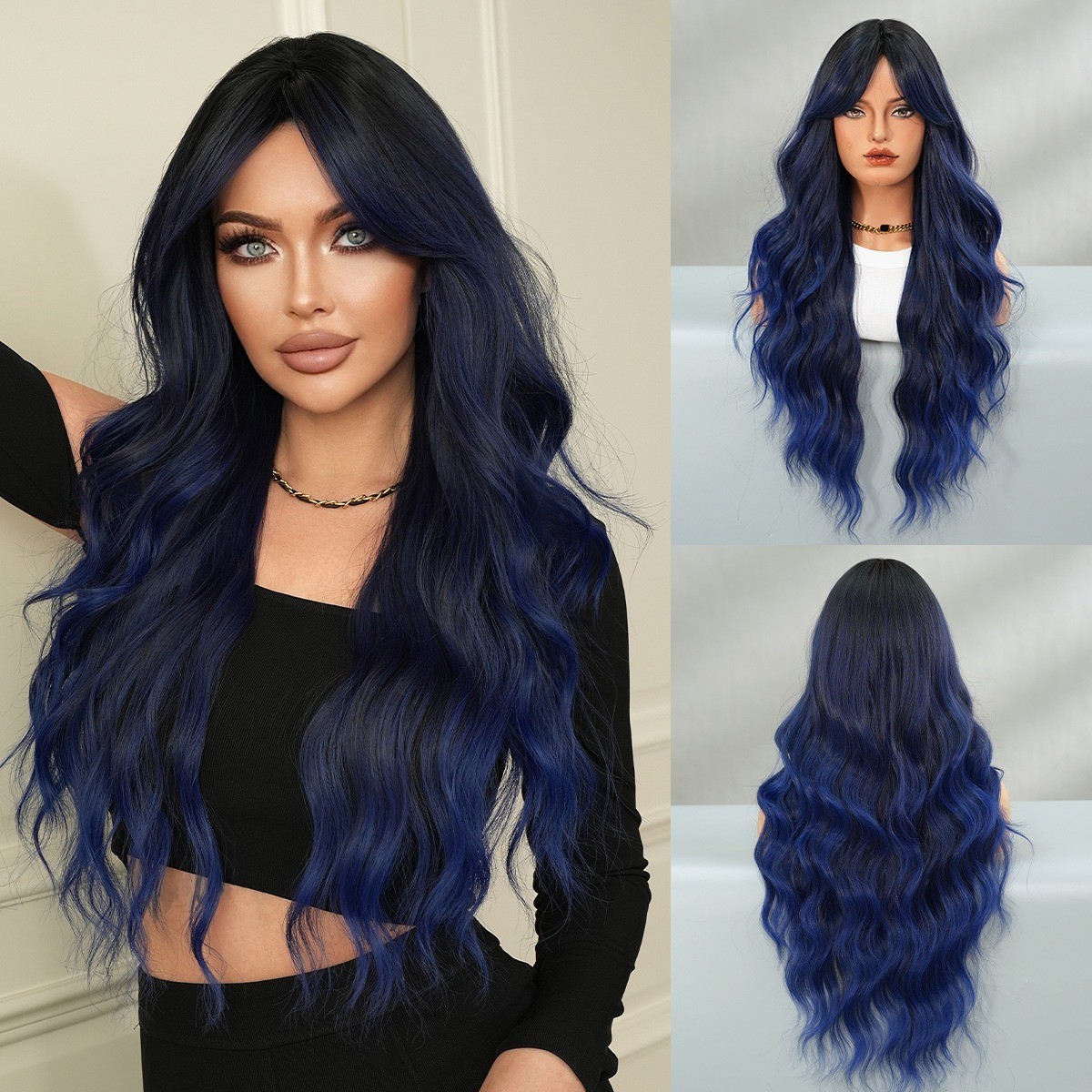 Blue wig with long curly hair wavy and fluffy full head cover with blue wig