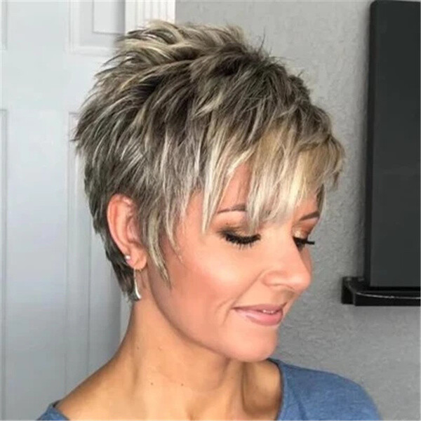 Women Pixie Cut Wigs Ash Blonde Mixed Gray Short Pixie Haitcuts Synthetic Wigs
