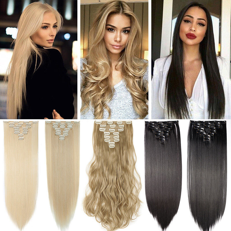 18 Clips Thick Curly Straight Full Head Clip in Hair Extensions Real As Human US