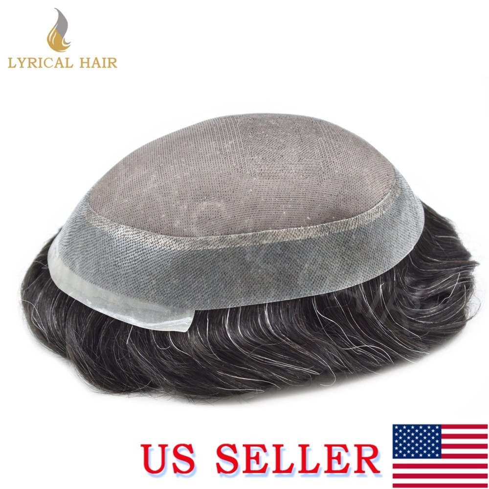 LYRICAL HAIR Mens Toupee Fine Mono Lace Human Hairpiece Skin PU Monofilament Wig