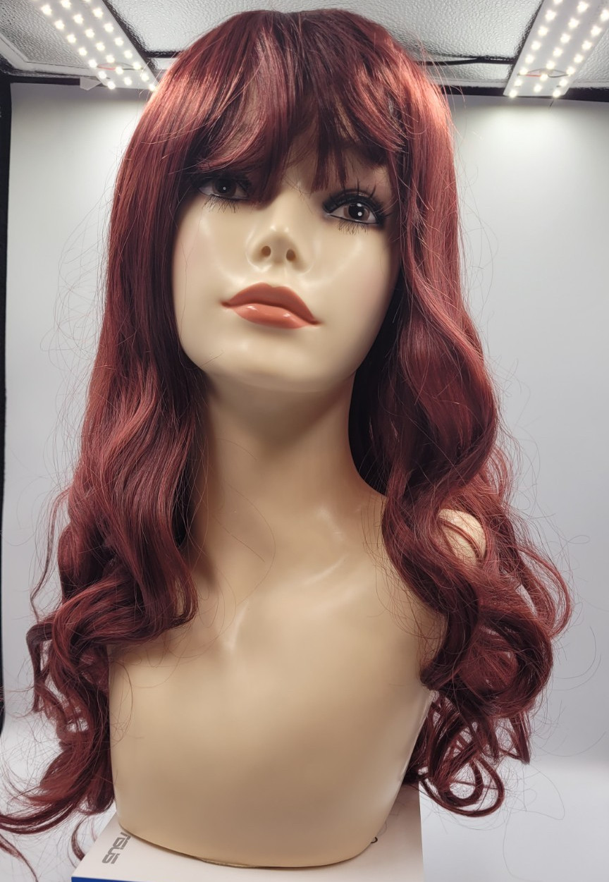 Long curly wave synthetic wig with blunt bangs heat resistant fiber full wig