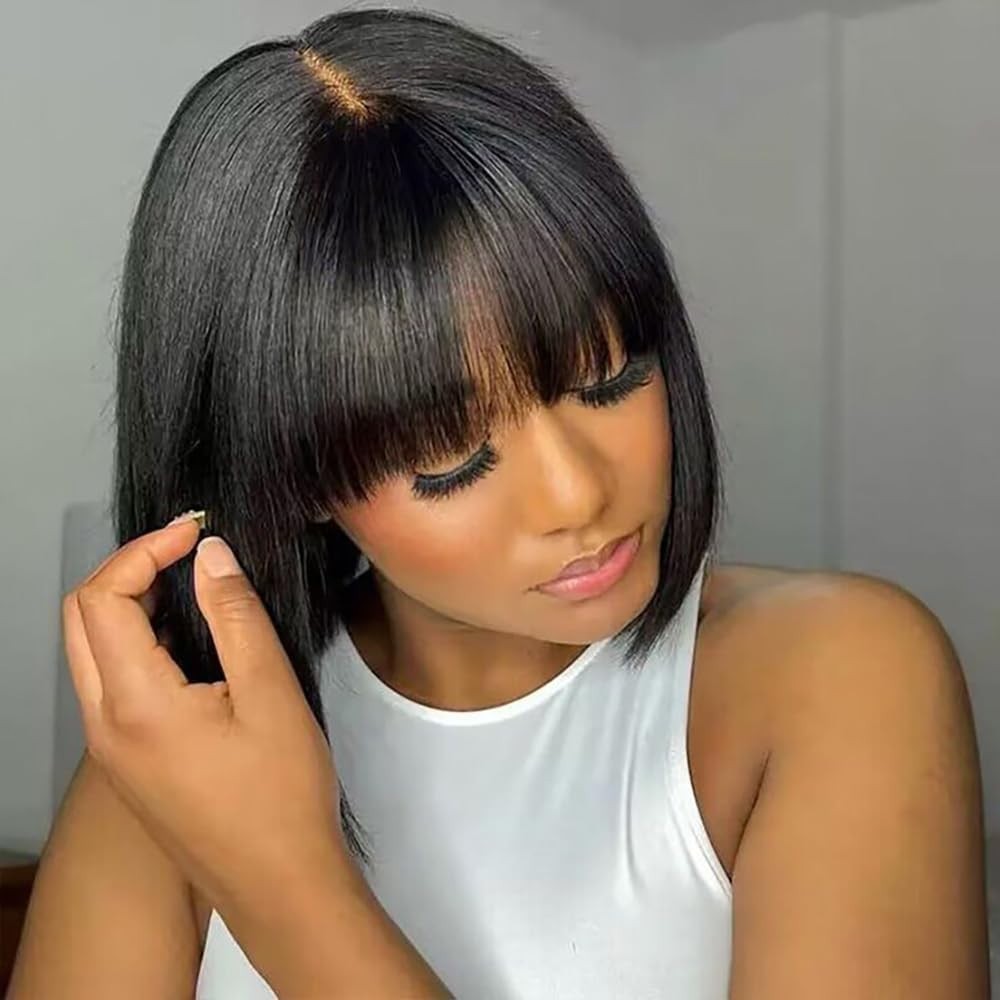 Bob Wig Human Hair With Bangs Glueless 2×1 Lace Colsure Wigs Straigh Short Wig