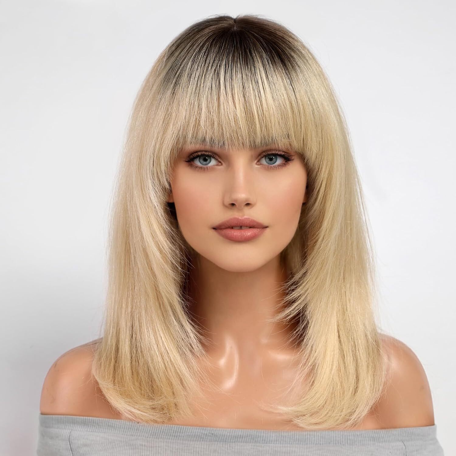 14 Inch Ombre Blonde Human Hair Wigs for White Women,Layered Straight Hair