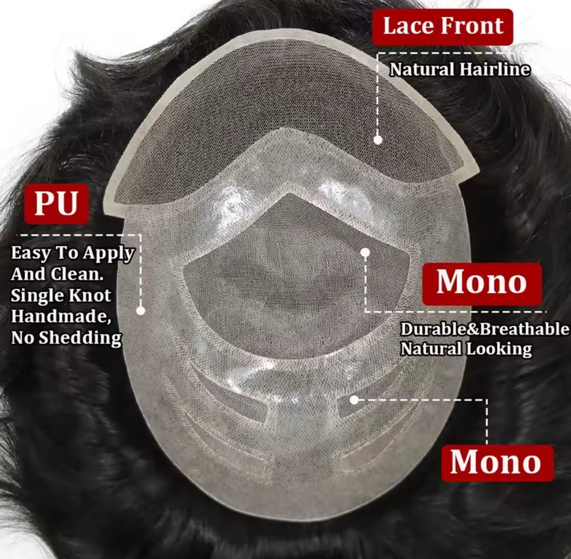 Men’s Human Hair Toupee Hairpiece Lace Front Mono Mono Base Tape-In 10in