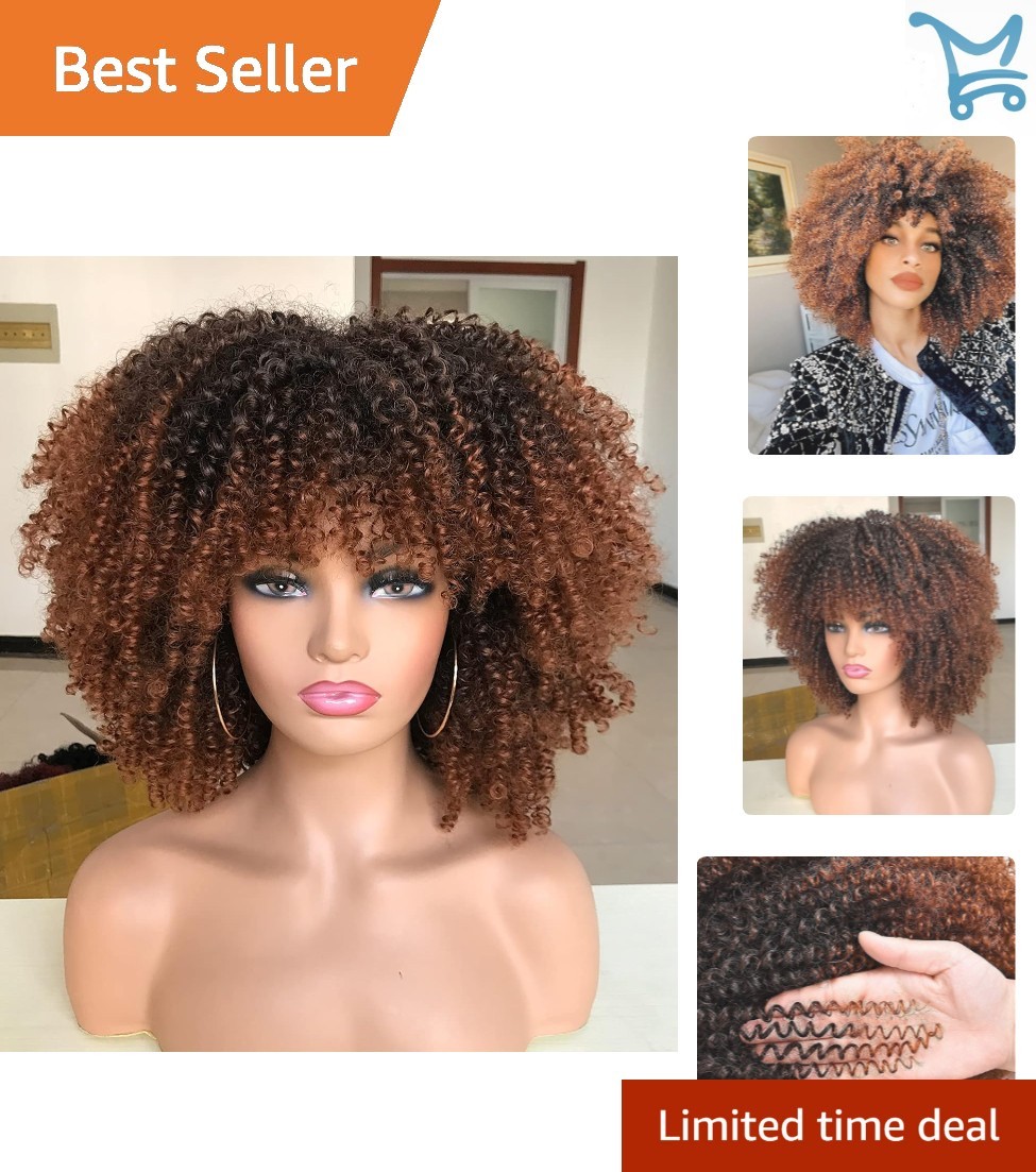 Short Afro Wig with Bangs Synthetic 14in Curly Kinky for Black Women Ombre Brown