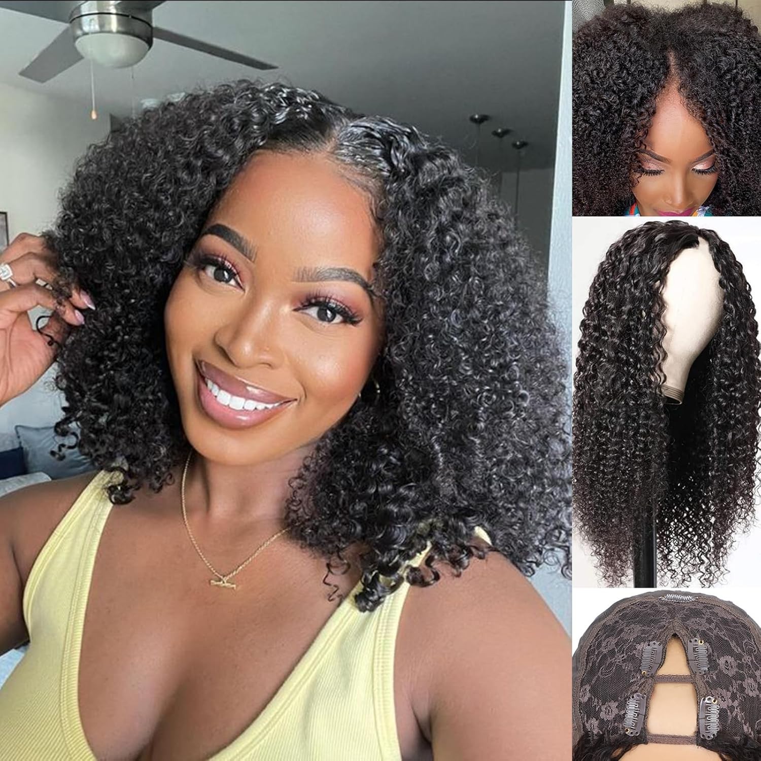 V Part Curly Human Hair Wig for Women V Shape No Leave Out Upgrade U Part Wig