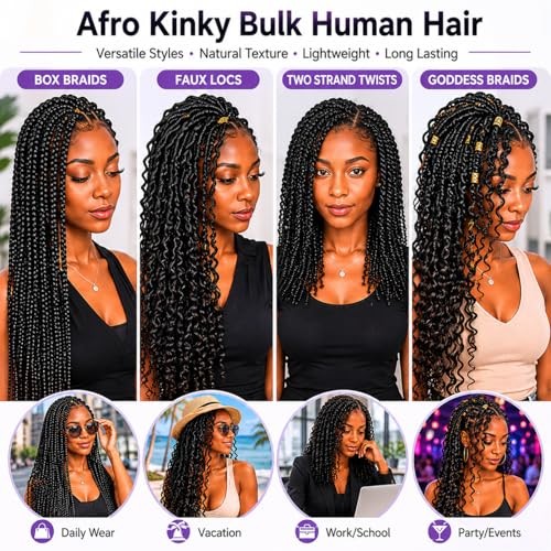 100% Human Hair 4C Afro Kinky Bulk Hair for Braiding | 10 Inch 50g Natural
