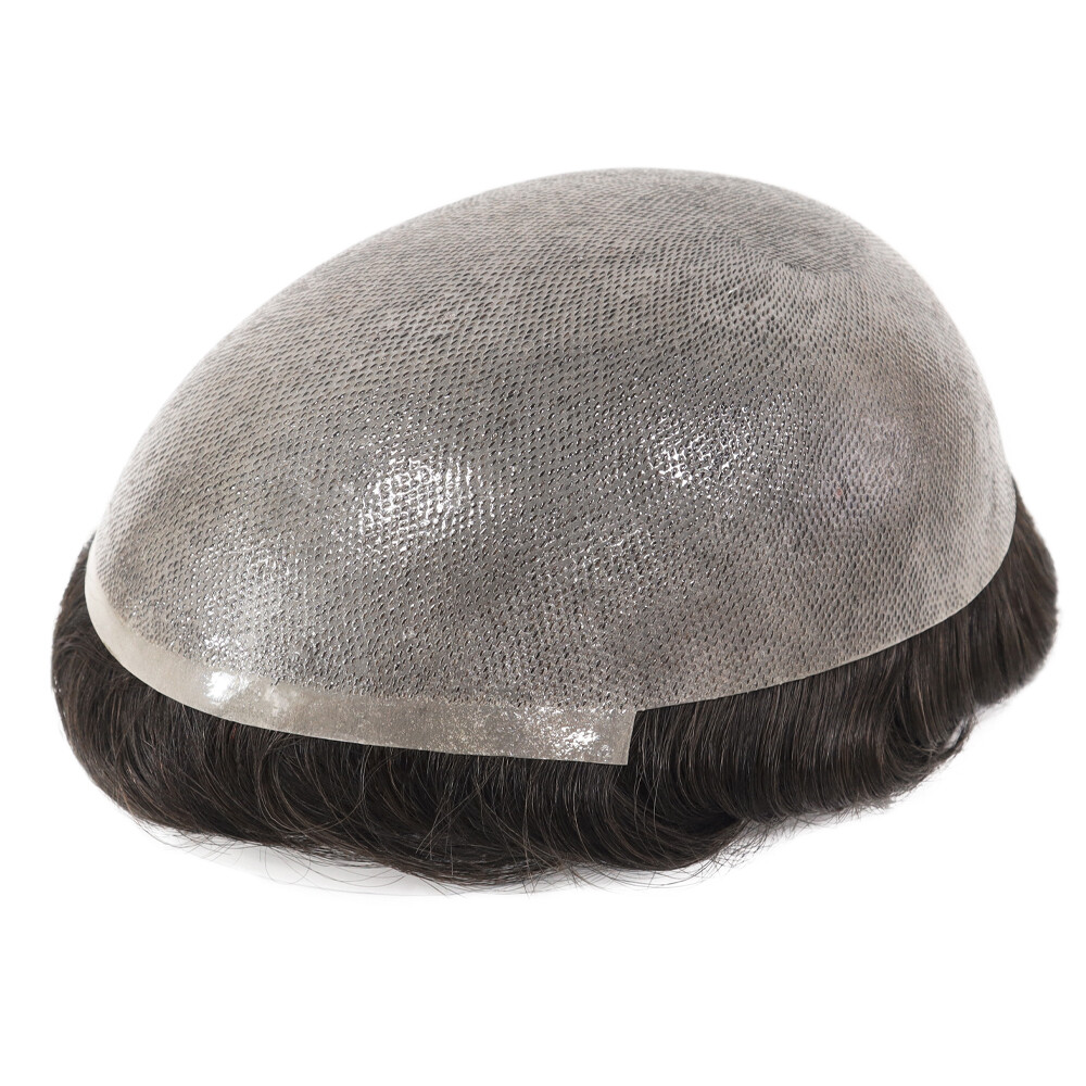 Mens Hair Replacement System Poly Skin Toupee 0.12mm Hairpieces Human Hair #1B