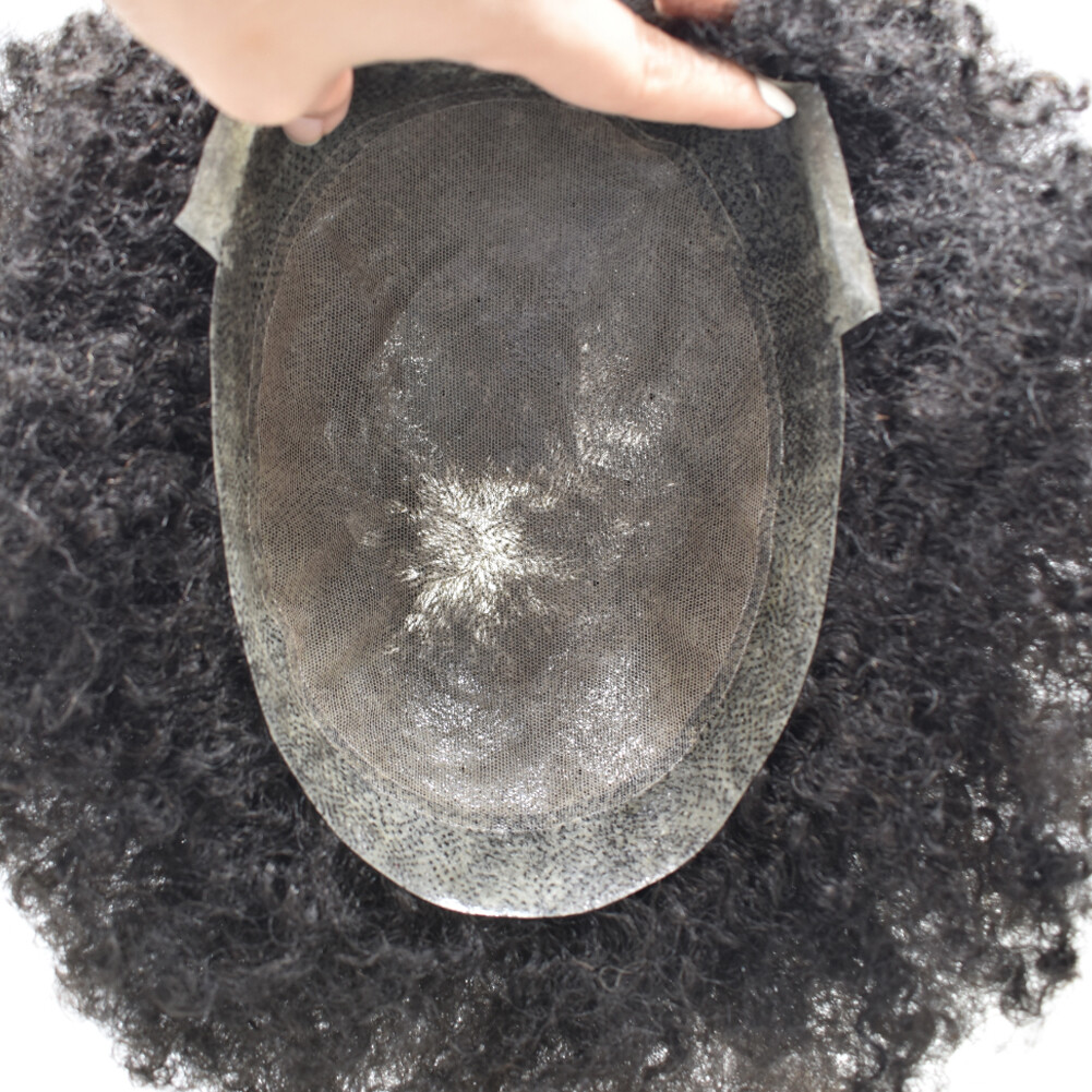 Afro Curly Mens Toupee Breathable Poly Skin Pu Black Hair Replacement System Wig
