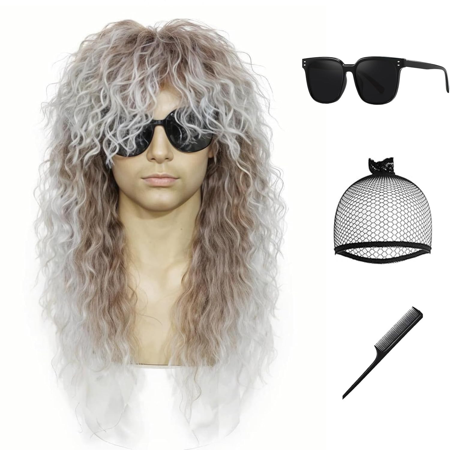 Rock Wig for 70s 80s Costume Men and Women Curly Wavy Rocker Wig with Bangs H…
