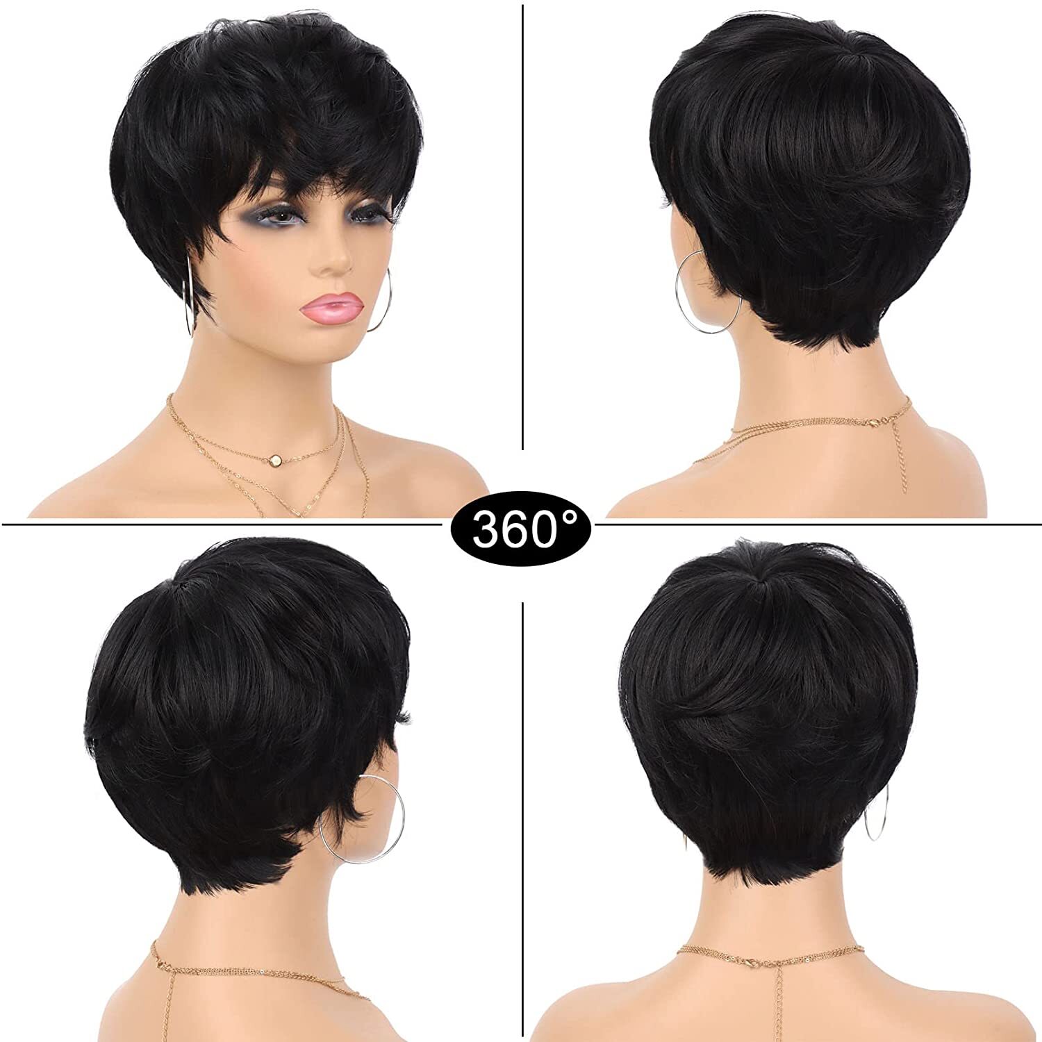 Short Black Wig Human Hair Everyday Wear Natural Hairstyle With Bangs USA