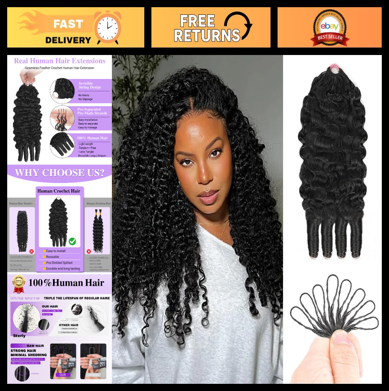 Curly Crochet Hair for Black Women – 18″ Pre-Separated 120g Natural Black Bundle