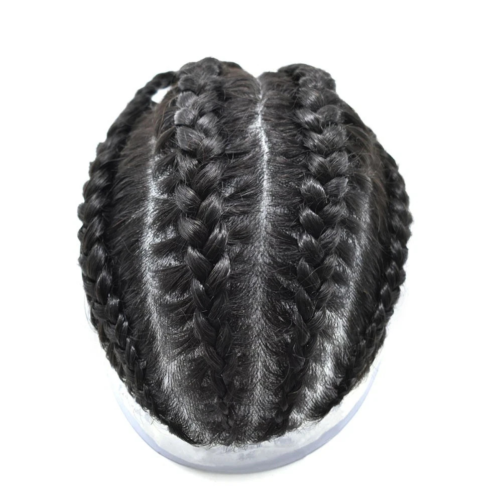 Mens Toupee Cornrow Braids Full Poly Box Braided Mens Hairpiece Male Braiding