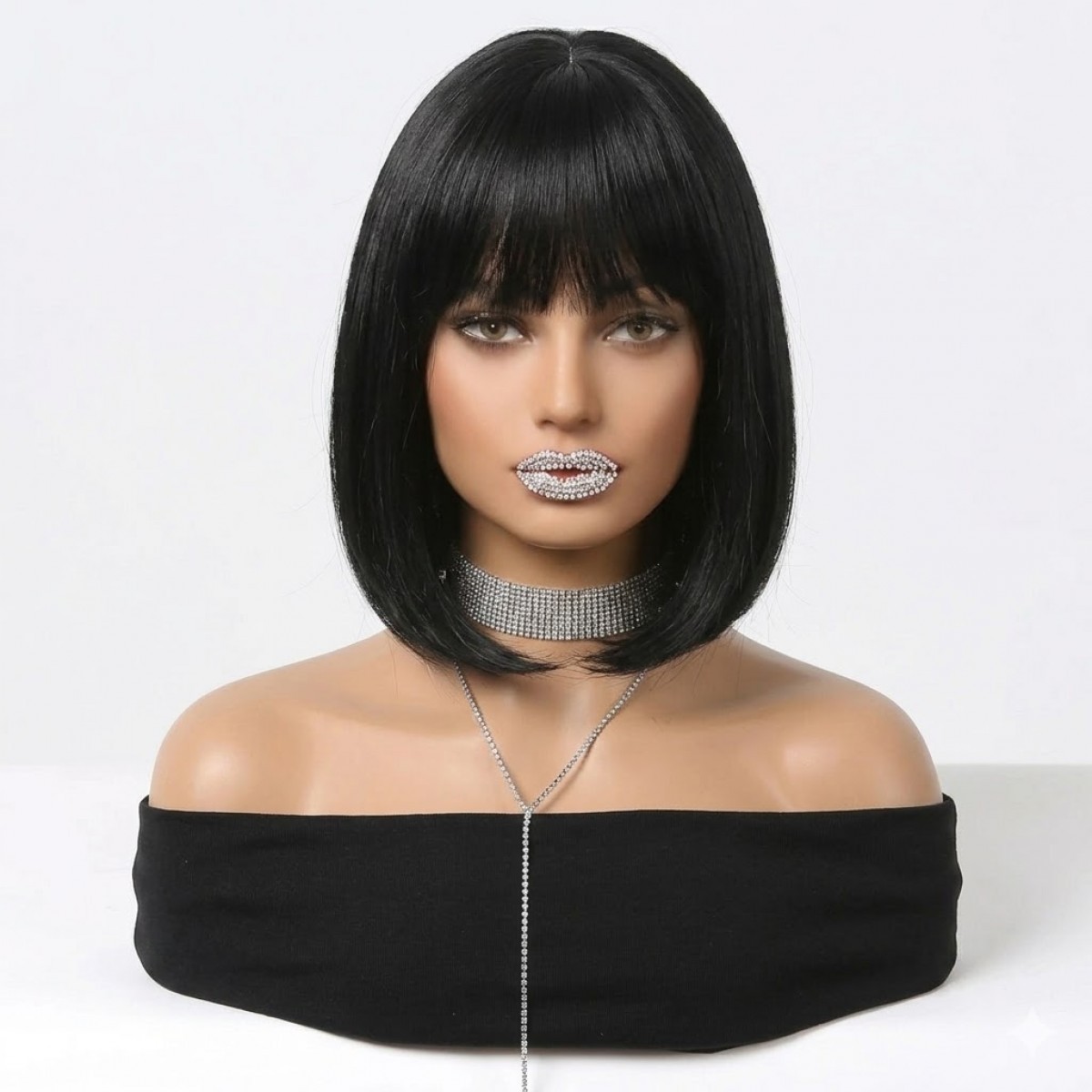 Cosplay Wig With Bangs Layered Black Synthetic Hair Heat Resistant Bob Straight