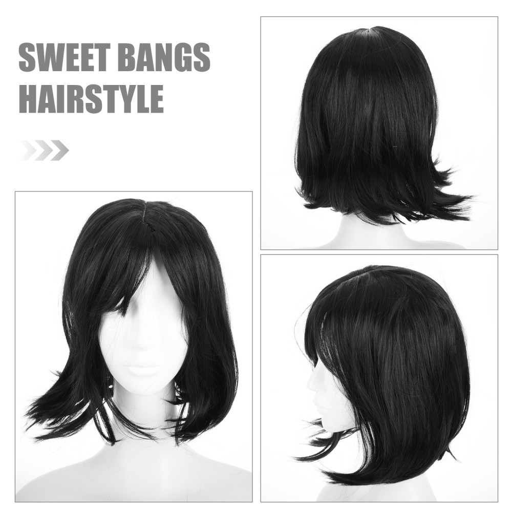 Short Black Synthetic Fiber Wig With Sweet For Women Cosplay And Parties