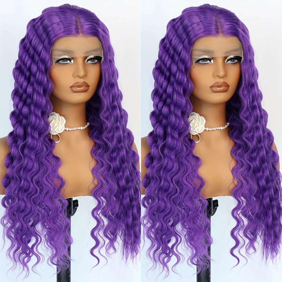 Long Deep Wave Glueless Lace Front Wigs Purple Hair Heat Resistant Women Party