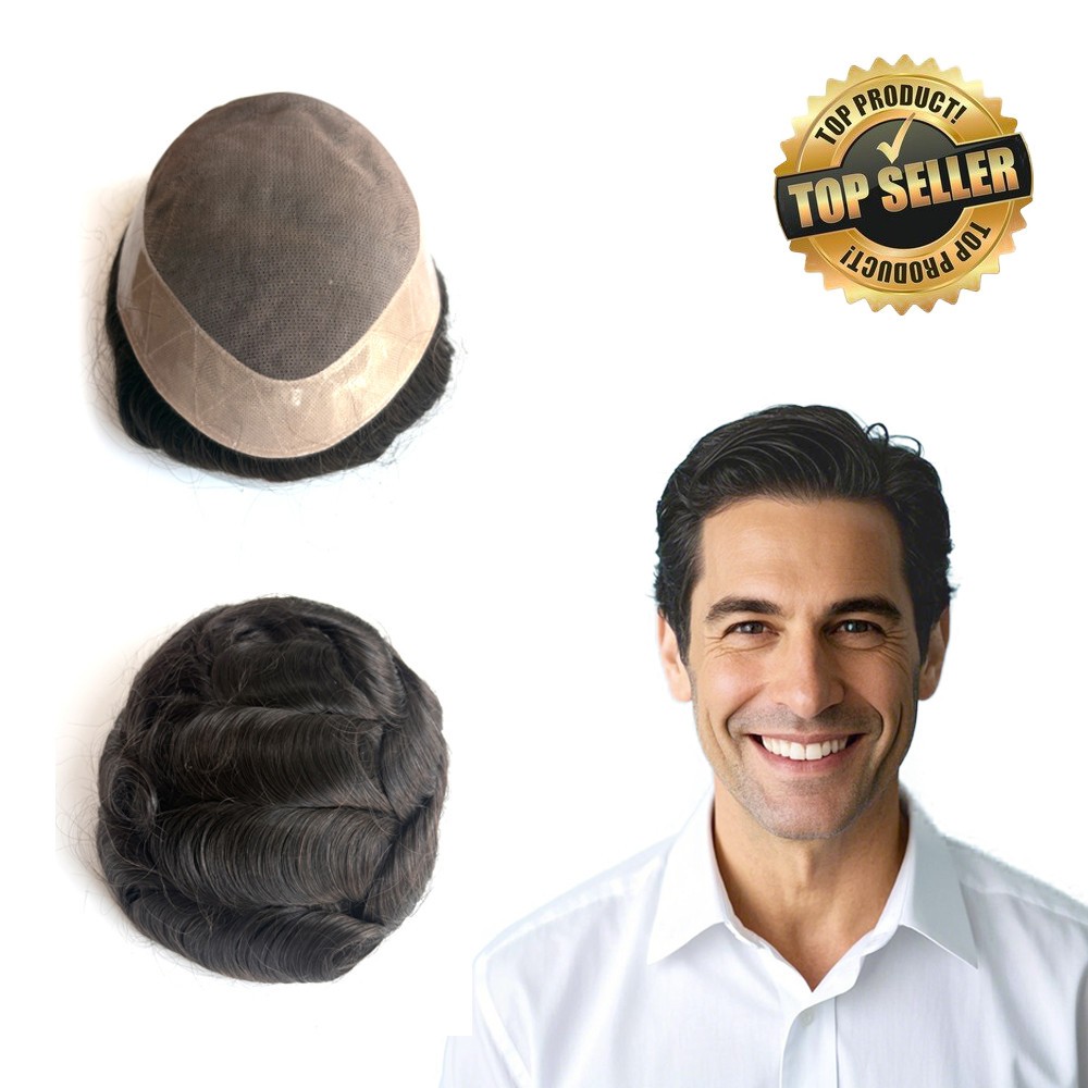 Toupee Mens India Human Hair Replecement System Fine Mono Poly Coating Hairpiece