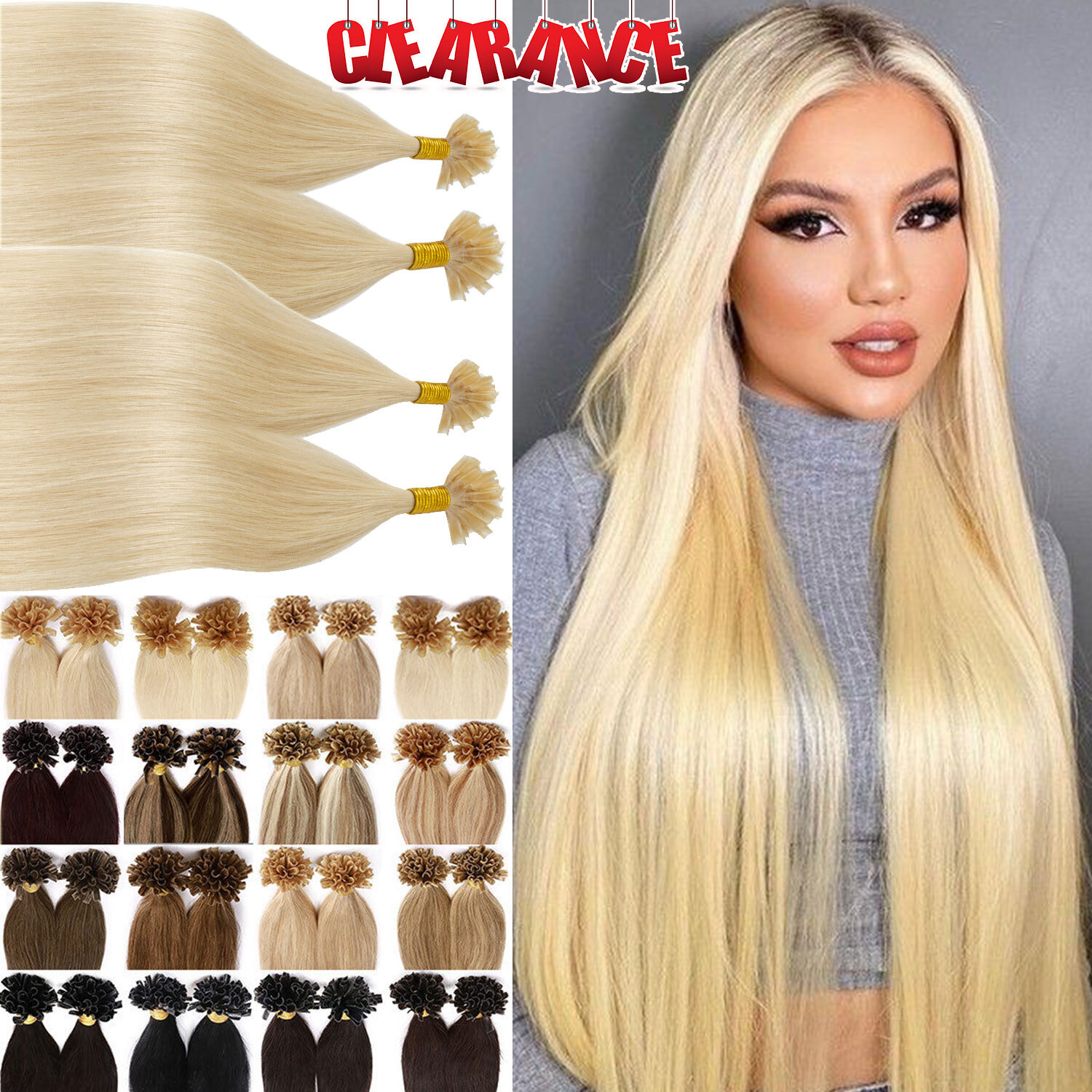 CLEARANCE Russian Flat Nail U Tip Remy Human Hair Extensions Keratin Pre Bonded