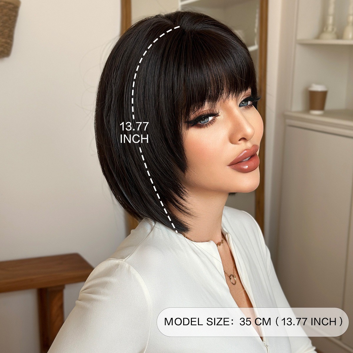 Black short hair wig with full head cover and pompadour hairstyle