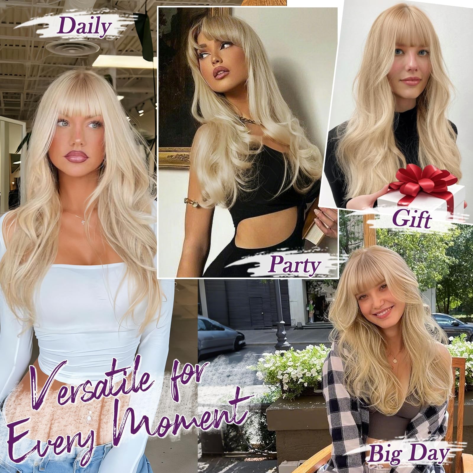Beige Blonde Layered Wig with Bangs – 20 Inch Blonde Layered Wig with Bangs f…