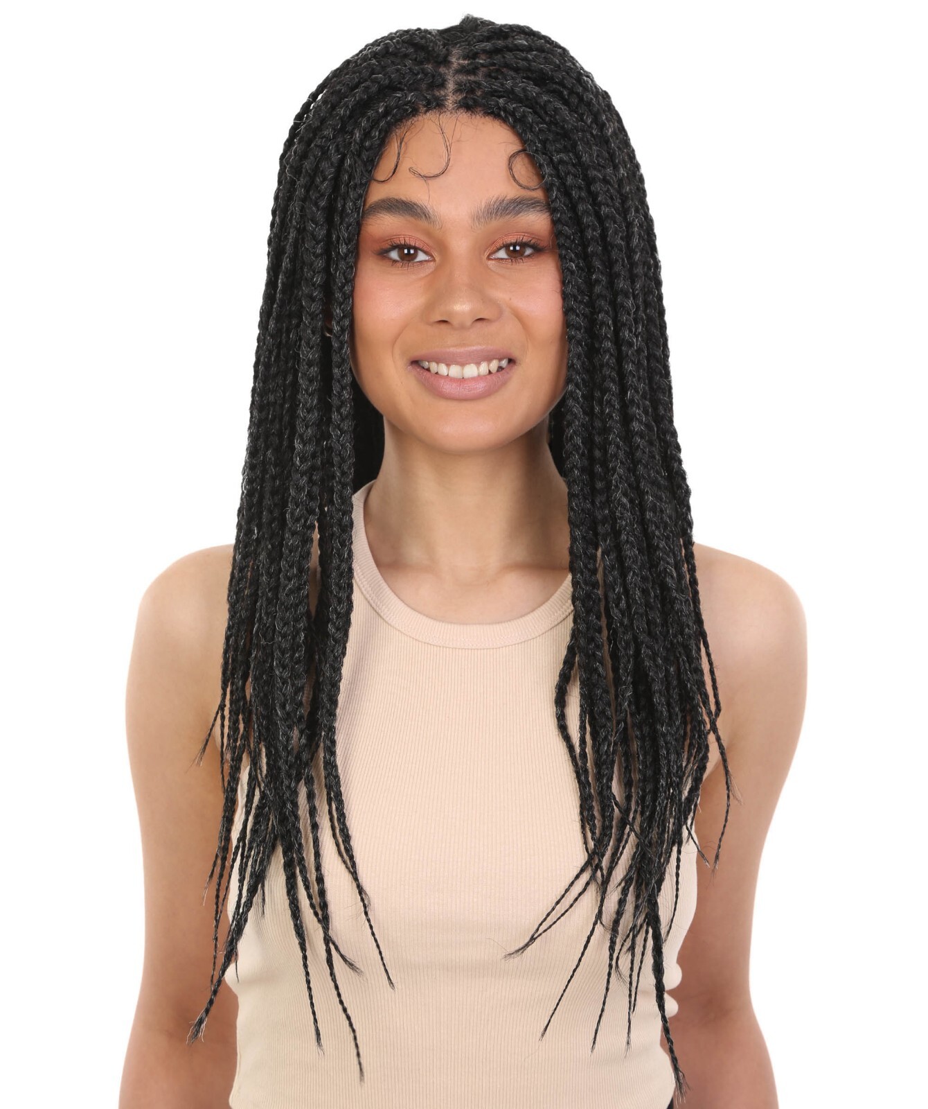 LUXLUXE Uyai Straight 23″ 4X4 Hand-Tied Lace Braided Wig, Salt & Pepper Grey