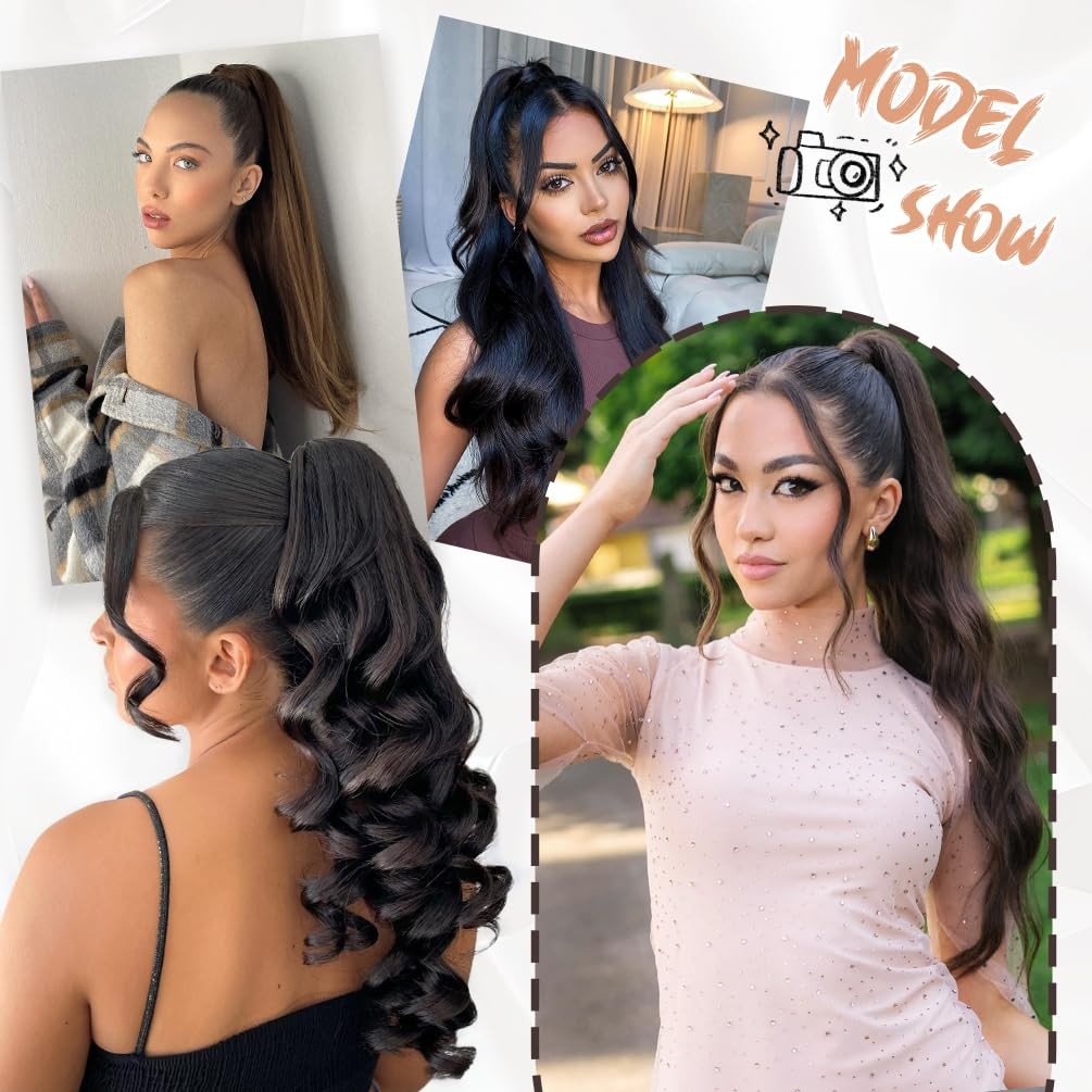 Amygirl Ponytail Extension Human Hair 14 Inch Natural Black Silky Straight Clip