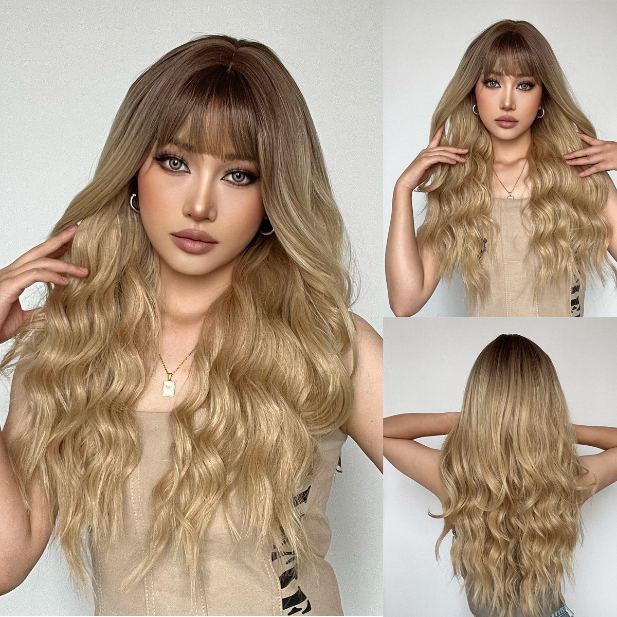 Long Ombré Brown Blonde Pink Curly Wavy Hair Wigs Women Daily Party Cosplay US