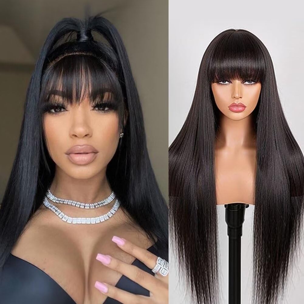 Straight Wigs Human Hair with Bangs Human Hair Wig For Women None Lace Front Wig