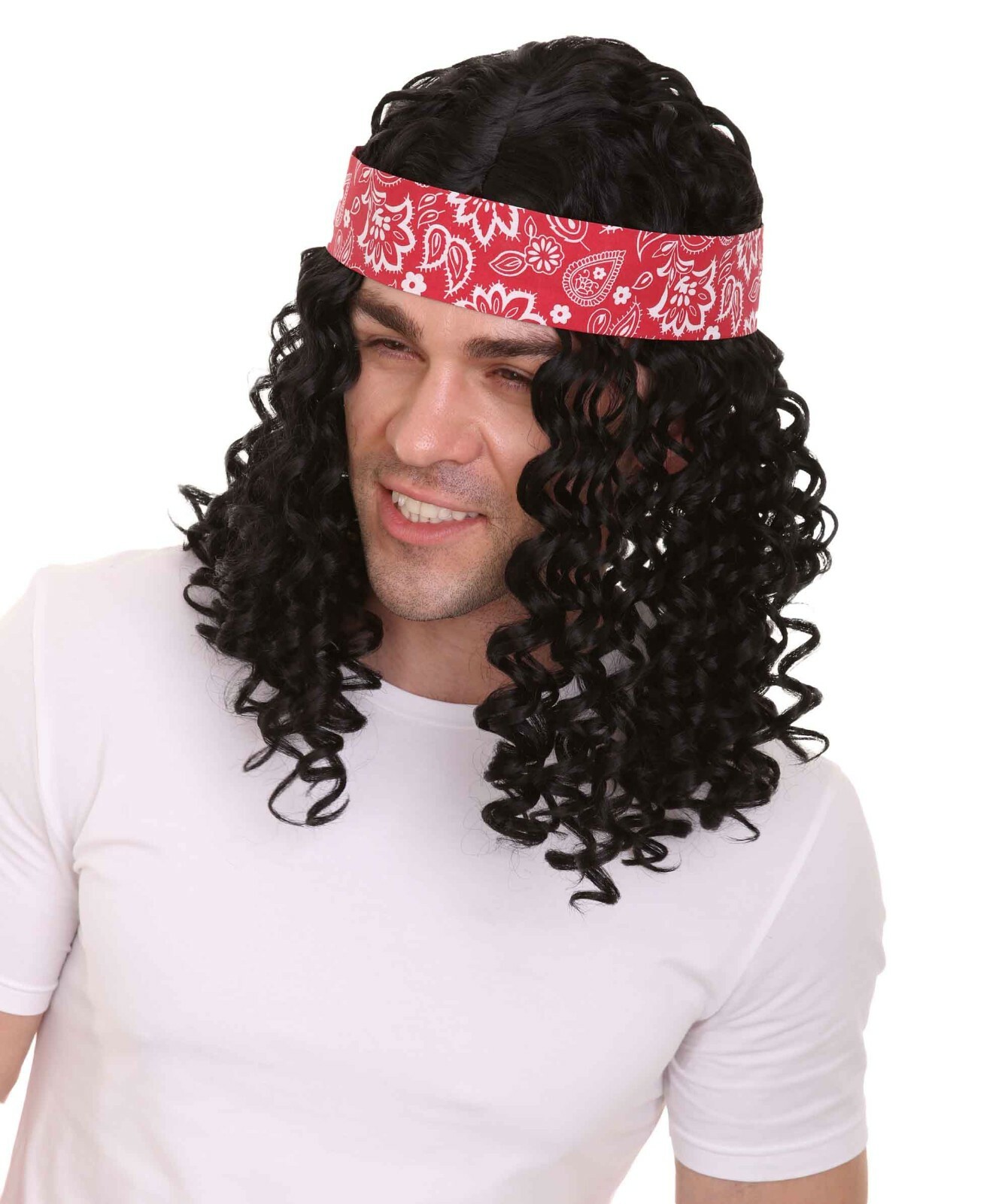 Men Cosplay Party Rock Star Black Wavy Curly Wig Headband Bandana Costume HM-036