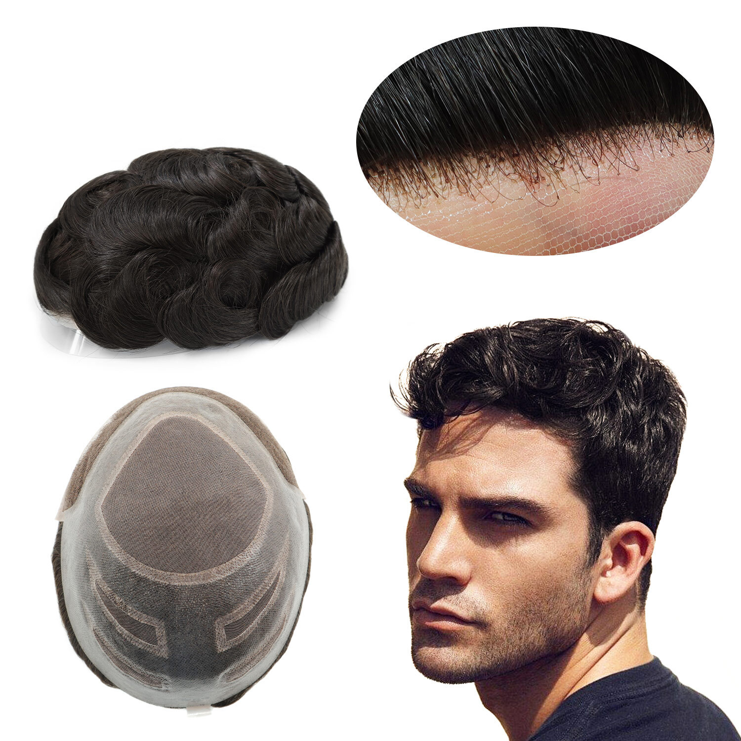 Mens Human Hair Systems French Lace Front Mono Top Toupee Hairpiece Versalite#1B