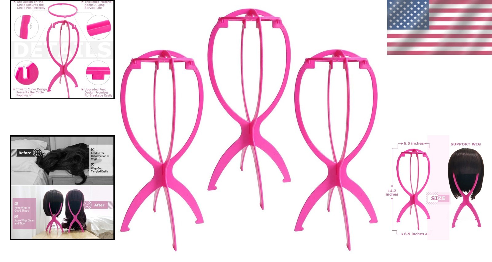 Durable Hot Pink Wig Holder – 3 Packs, Perfect for Travel & Organization