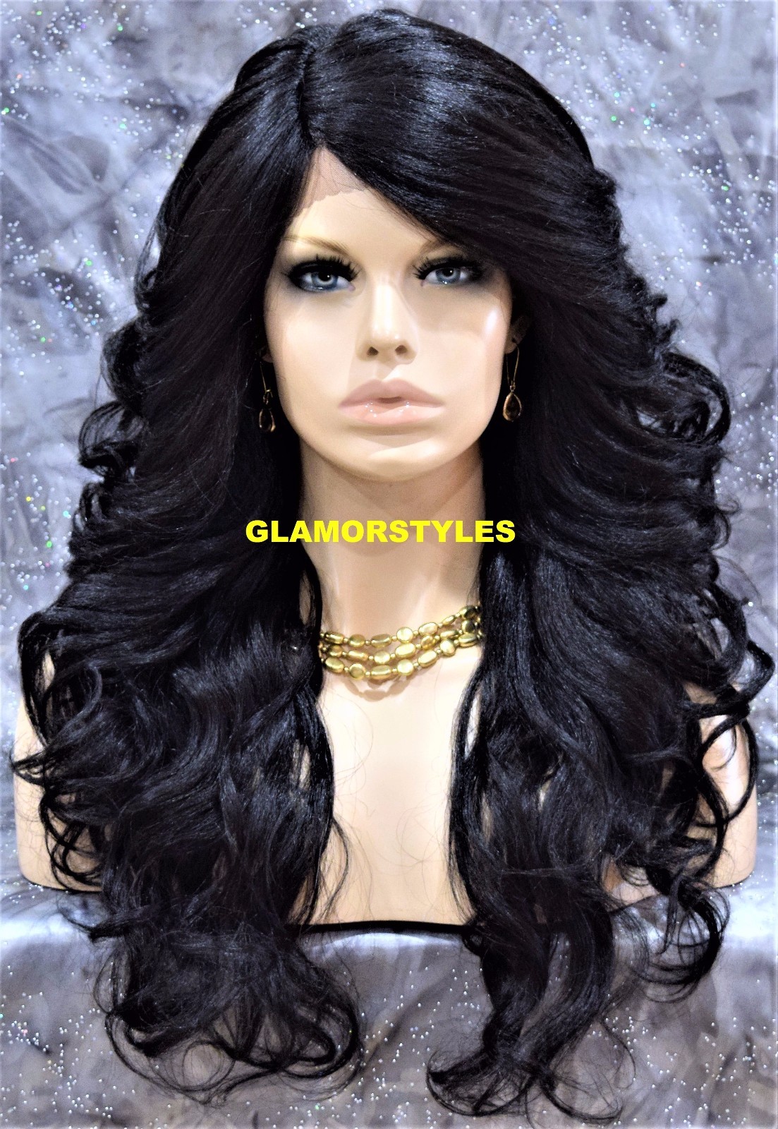 LACE FRONT FULL WIG LONG WAVY LAYERED SIDE PART JET BLACK #1 HEAT OK NWT