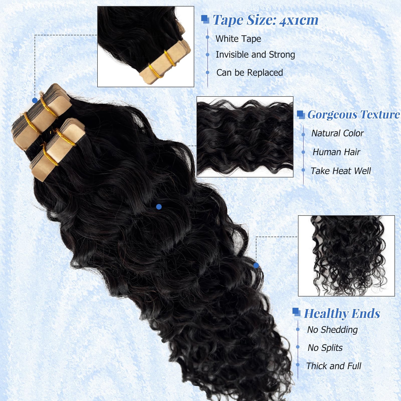 Licoville Water Wave Tape In Hair Extensions 18 Inch Upgraded Invisible Tape In