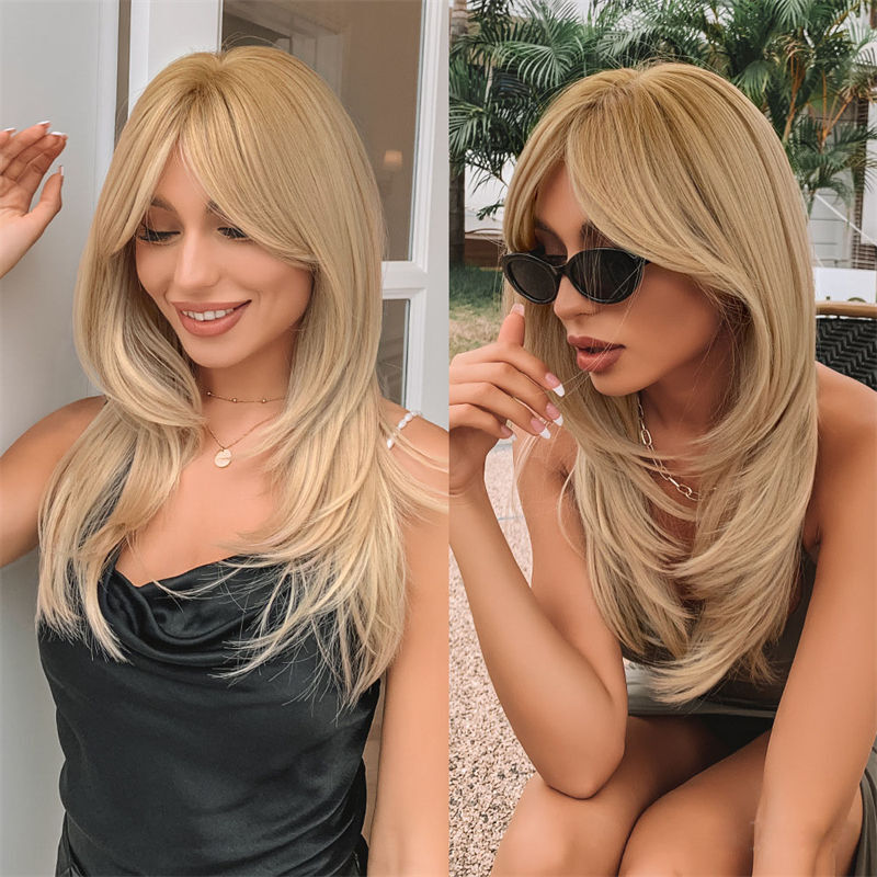 Women Wig Fashion Gradient Golden Fiber Wig High-Temperature Eight-Character