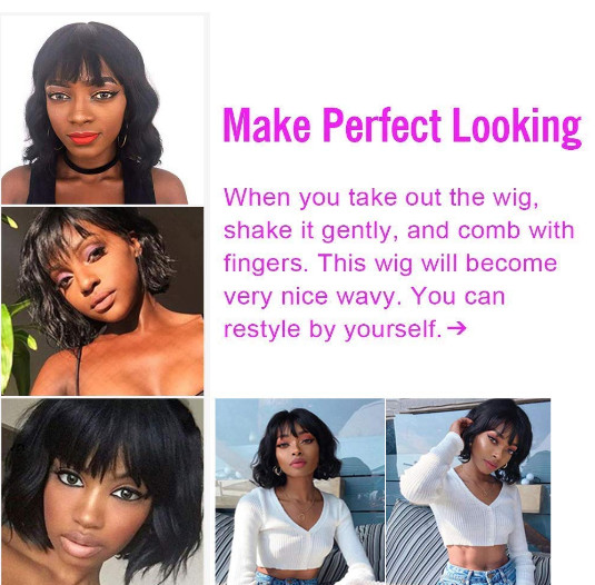 100% Remy Human Hair Wig Short Black Slight Wave Wig with Bangs Lace Front Wigs