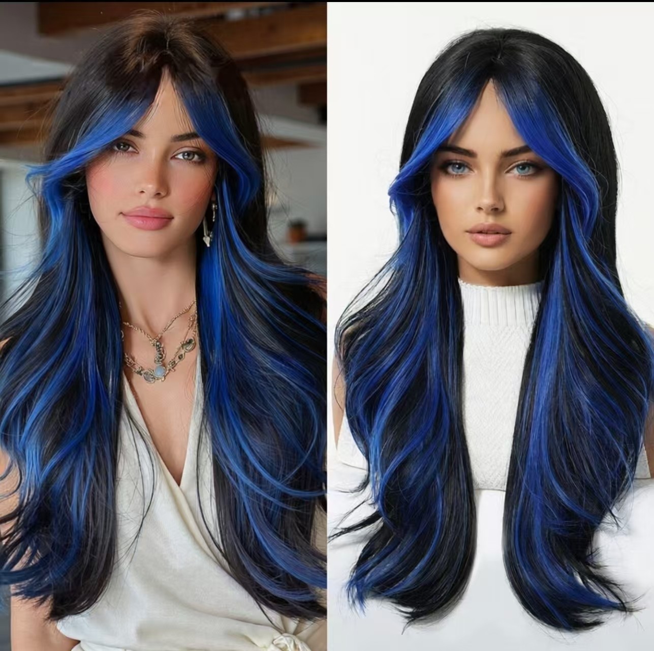 Black and Blue Wavy Wig for Women Party Long Synthetic Hair with Curtain Bangs
