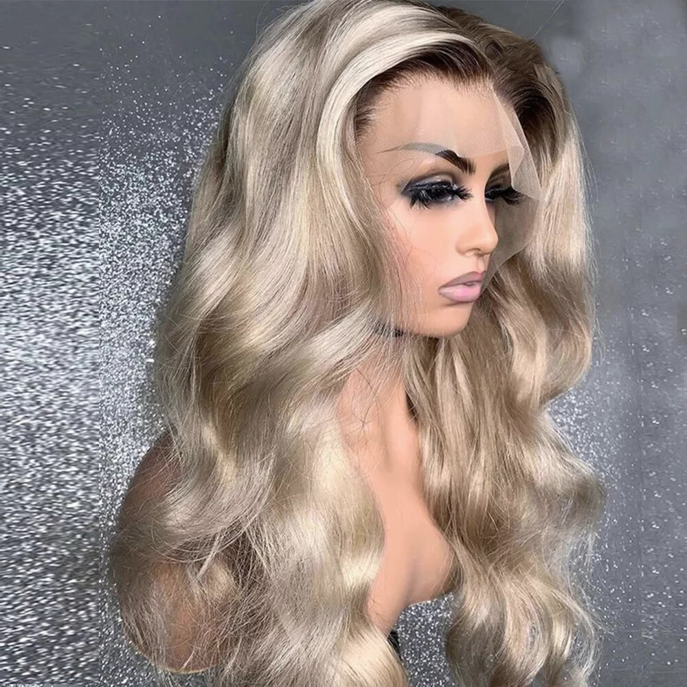 Dark Brown Ombre Ash Blonde 13×4 Lace Front Human Hair Wigs for Women Body Wave
