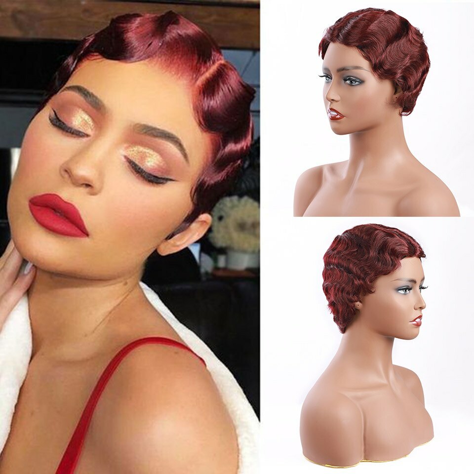 Short Pixie Cut Finger Wave Wigs Human Hair Wigs Colored For Women Machine made