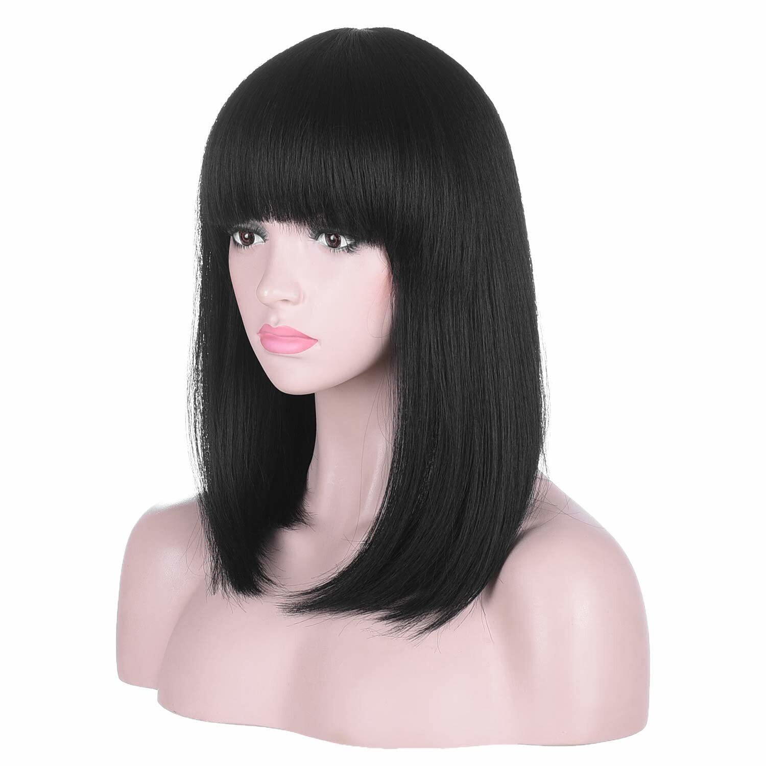 Black Bob Wigs with Bangs Straight Blunt Cut Shoulder Length Short Wig for Women