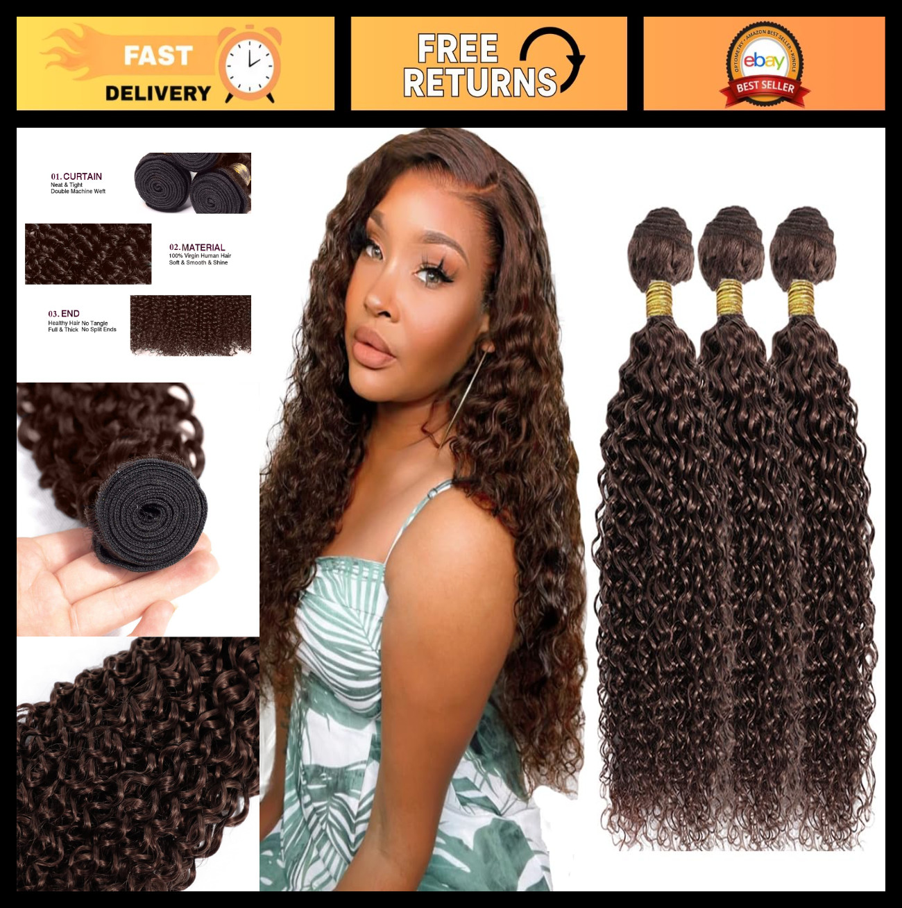 Curly Wave Human Hair Bundles #4 Chocolate Brown 22″ 24″ 26″ 150g – 3 Pack