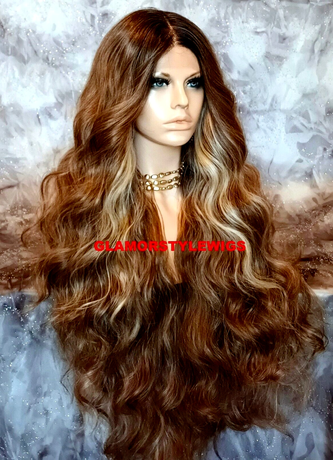 40” FREE PART LACE FRONT FULL WIG LONG WAVY LAYERED OMBRE BROWN BLONDE MIX NWT