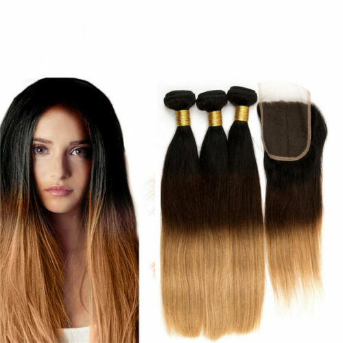 12A PERUVIAN HUMAN HAIR WEFT 3/4BUNDLE+LACE TOP CLOSURE 1B/4/27 DARK ROOT OMBRE