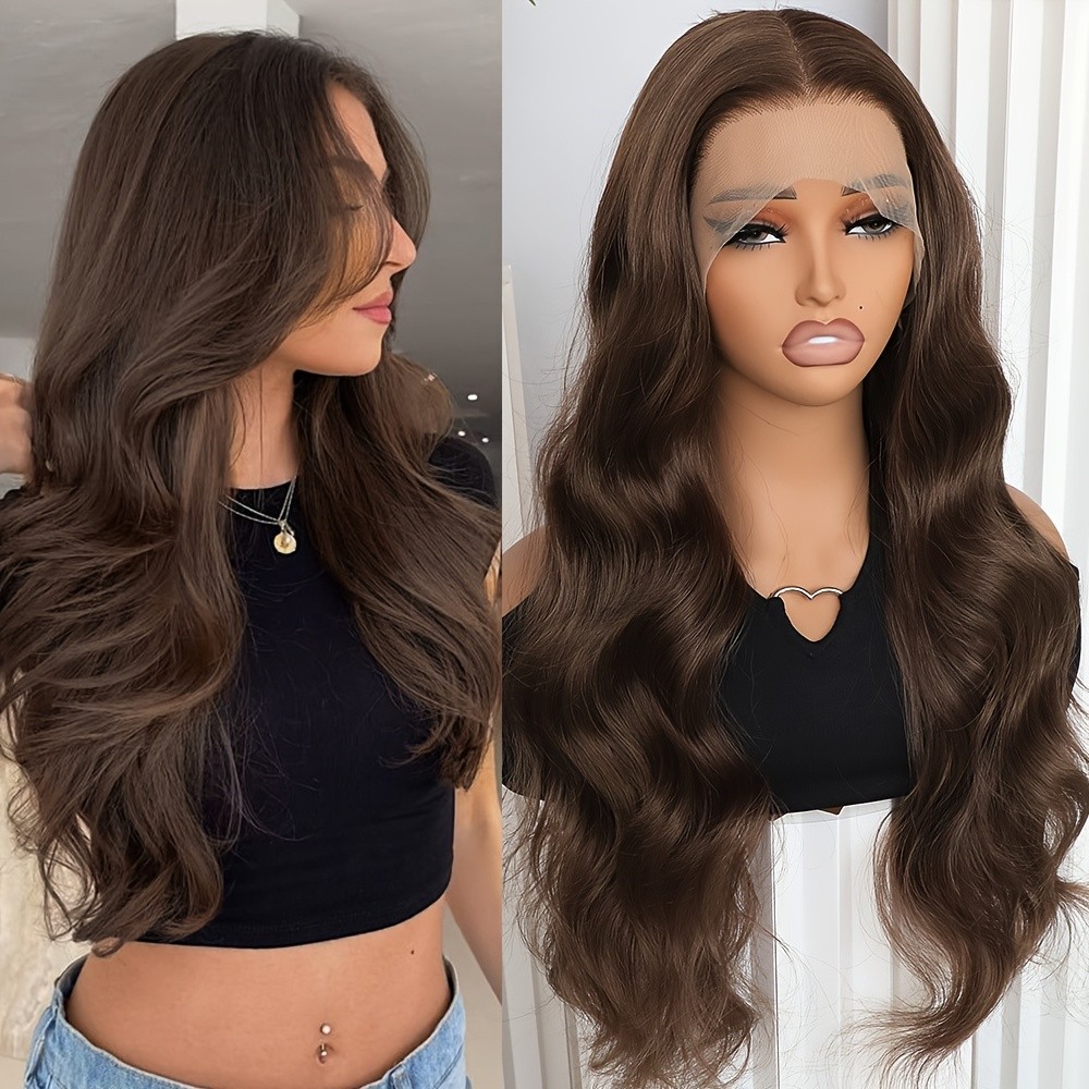 Long Wavy Synthetic Lace Front Wigs Pre Plucked Hairline Glueless Natural Brown