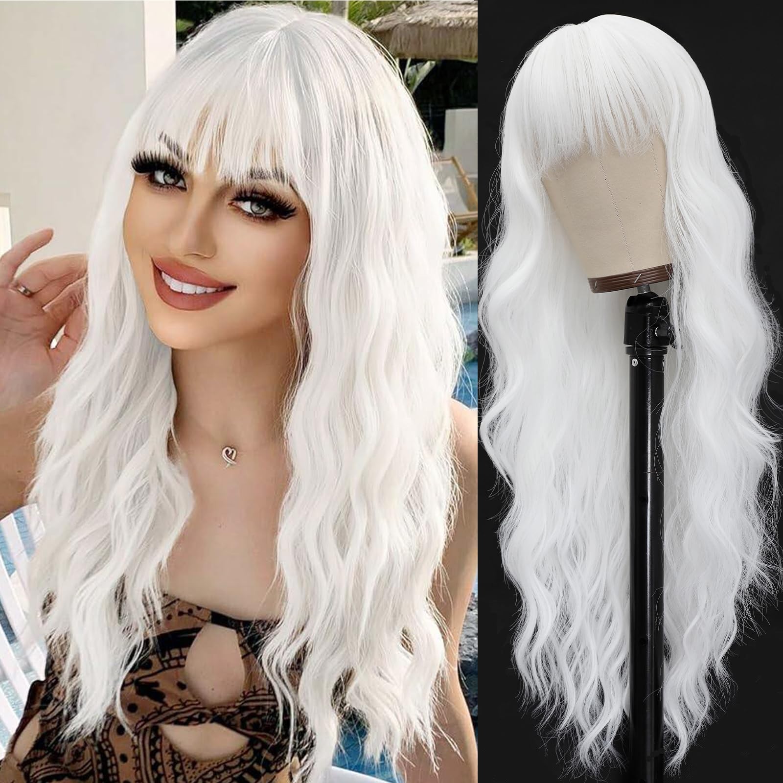 Long Wavy White Wigs for Women 26 Inch White Wig with Bangs Natural Looking S…