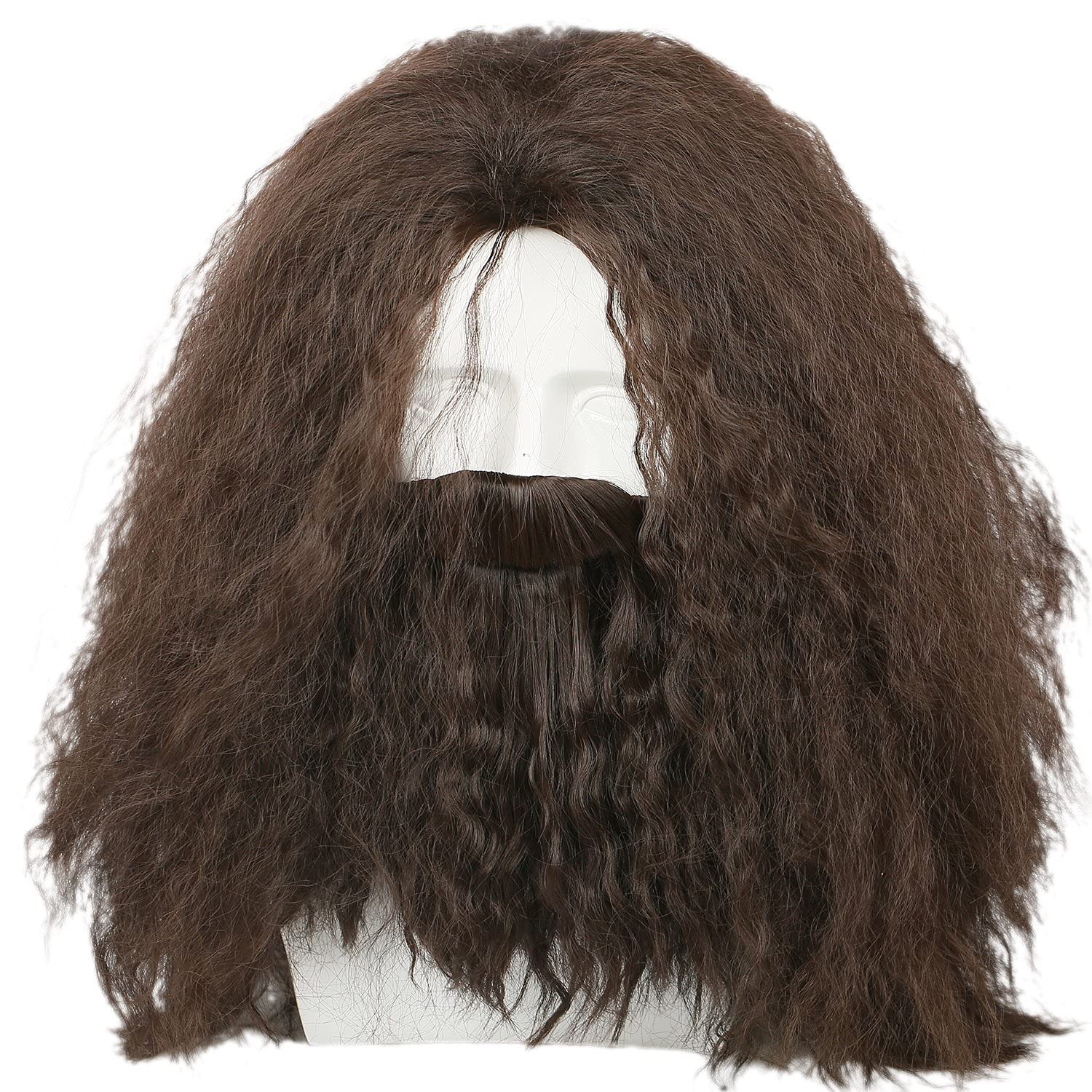 Halloween Wig with Beard Cosplay Costume Adult Men Brown Long Curly Hair Acce…