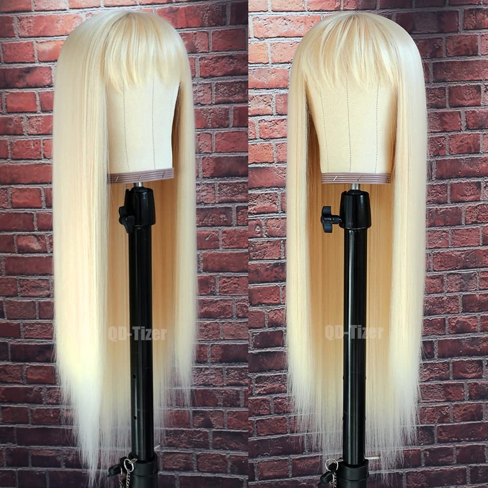 #613 Blonde Long Straight Synthetic Hair Wigs with Bangs Women’s Costume Wig …