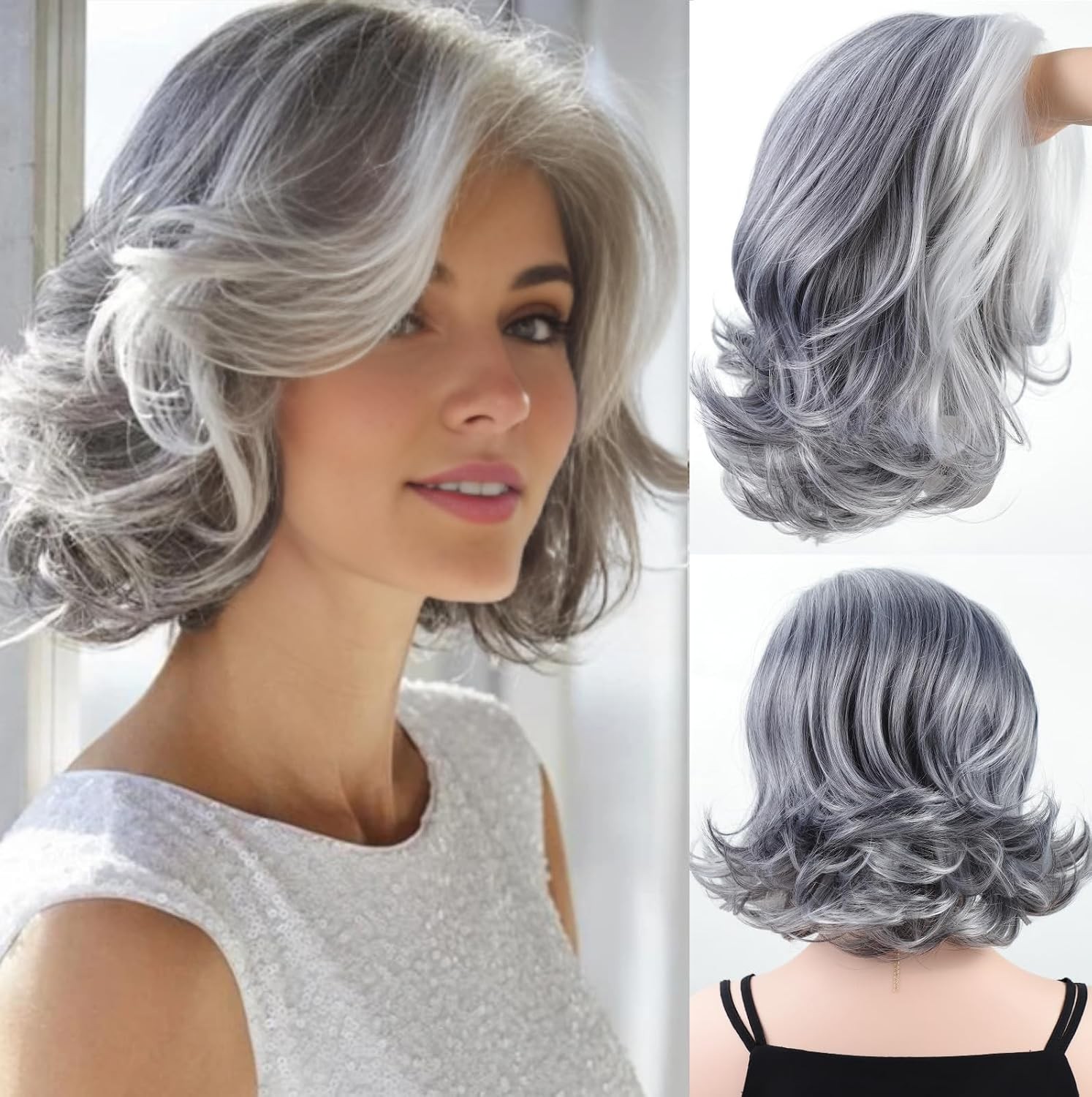 Mid-length Grey Wavy Bob Wigs for Women Short Gray Curly Synthetic Wig