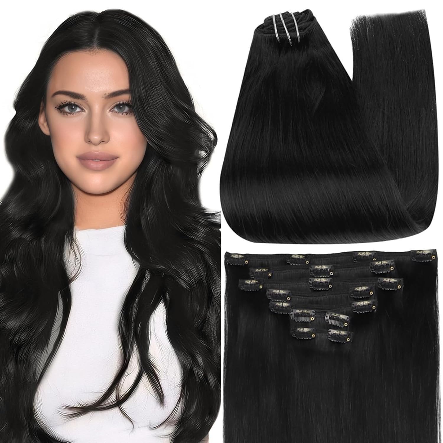 Seamless Clip-In Extensions – 24” Remy Human Hair in Rich Jet Black, 7 Pieces