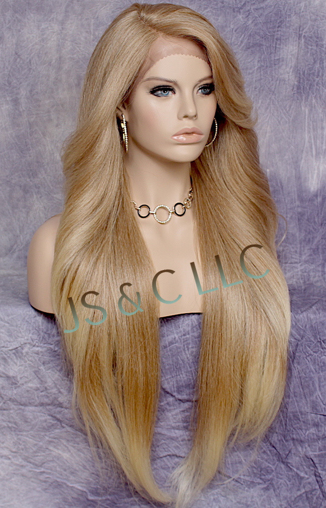 38″ Long Human Hair Blend Full Lace Front Wig Heat OK Blonde mix WEPC 27/613