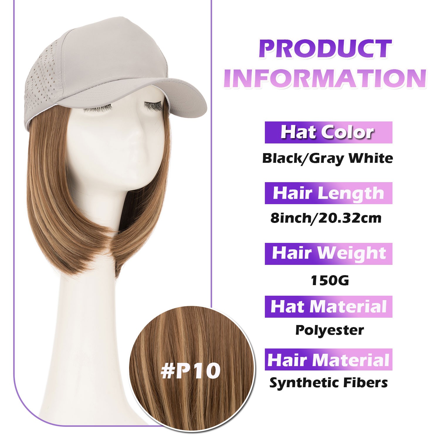 USA Women Baseball Cap with Synthetic Wig Straight Full Wigs Hat for Natural Use